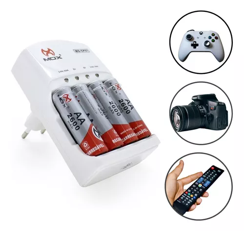 4 Pilhas Aa 2600mah Recarregável + Carregador Auto Stop Cp51 110V/220V